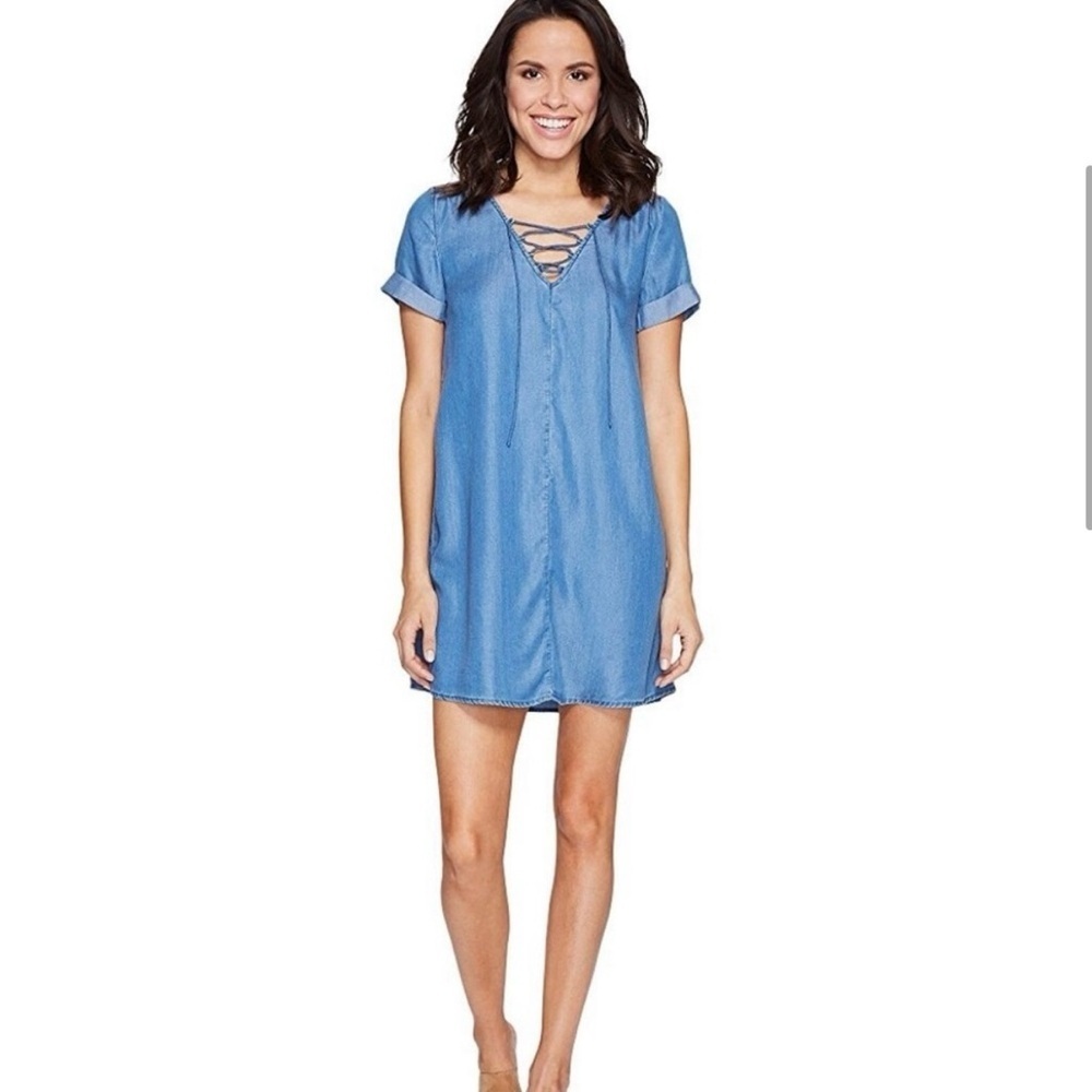 Women’s Lucky Brand Chambray Denim Lace Up Short Sleeve V-Neck Dress Medium